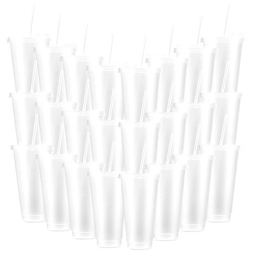 Amyhill 24 Pcs Reusable Cups with Lids and Straws 24 oz Glitter Iced Coffee Tumbler Plastic Travel Mug Cup for Smoothie Juices Birthday Sleepover Party Supplies for Girls(Clear)