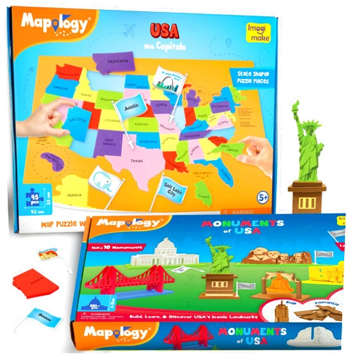 Imagimake Mapology USA Map with Capitals Monuments of USA Bundle | 3D Puzzles for Kids | Learning States and Capitals | Educational Toys for Ages 5-7