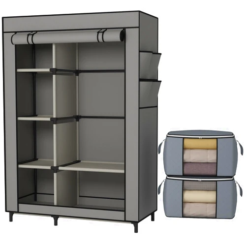 Calmootey Portable Closet, Wardrobe with 6 Shelves and Hanging Rod, Storage Organizer for Bedroom, Non-Woven Fabric Cover with 4 Side Pockets, Includes 2 Storage Bags for Clothes, Grey