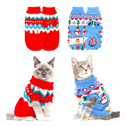 Tecotely 2 Packs Cat Christmas Sweater Pet Cute Knitwear Warm Winter Clothes for Kittys and Small Dogs (Large)