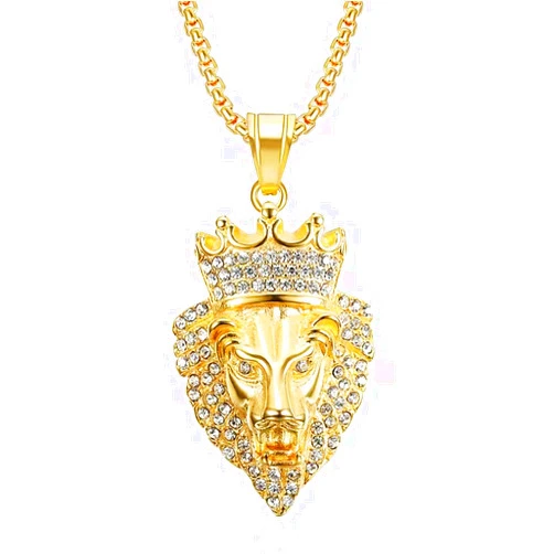 MIVEIVIA Iced Out Pendant Lion King Crown Necklace for men Hip Hop CZ dimond Bling Pendant Necklace Simba Vintage Animal Style Stainless Steel Necklace Punk Rock Clubs Disco men jewelry Cuban Link chain for men