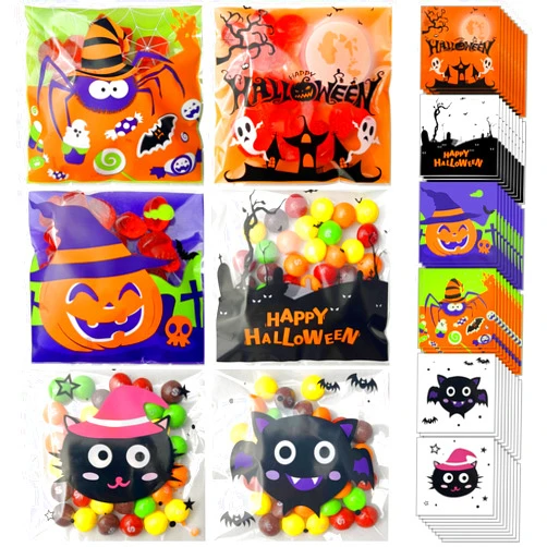 Bnsikun 300PCS Halloween Treat Bags Sealable Halloween Goodie Bags Individual Cookie Bags Self Adhesive DIY Translucent Plastic Bags for Bakery Biscuit Chocolate 3.94