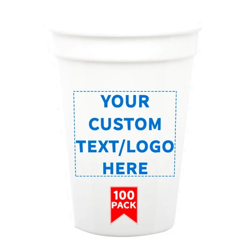 DISCOUNT PROMOS Custom Disposable Plastic Cups 12 oz. Set of 100, Personalized Bulk Pack - Perfect for Summer, Sporting Events, Birthdays, Weddings, Picnic, Beach, Parties - White