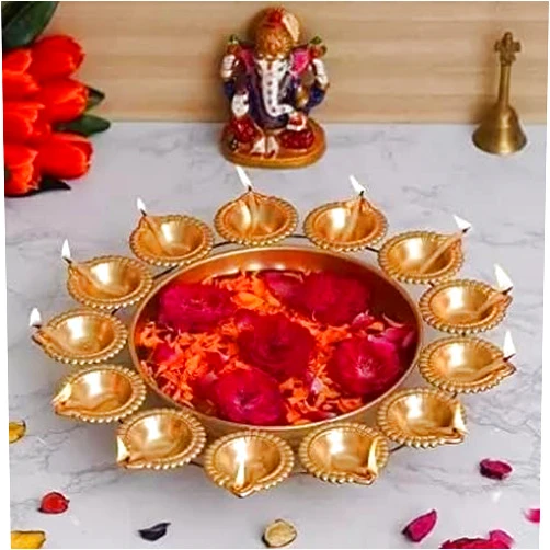 Webelkart Gold Polish Diya Shape Flower Decorative Urli Bowl for Home Handcrafted Bowl for Floating Flowers and Home,Office and Table Decor- Diwali Decorations Items