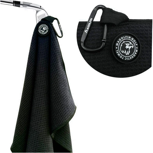 MAGOLFIN Magnetic Golf Towel with Clip, Microfiber Waffle Design - Industrial Strength Magnet for Strong Hold to Golf Bags, Carts & Clubs - Black