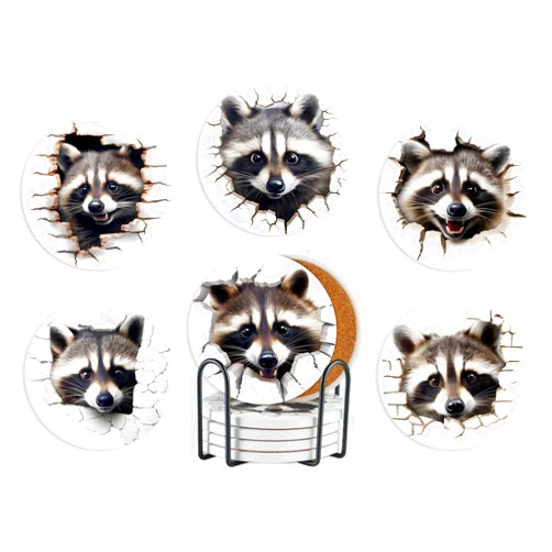 Onebttl Raccoon Gifts, 3D Raccoon Pattern, 6 Pcs Set Ceramic Coasters for Drinks Absorbent with Holder