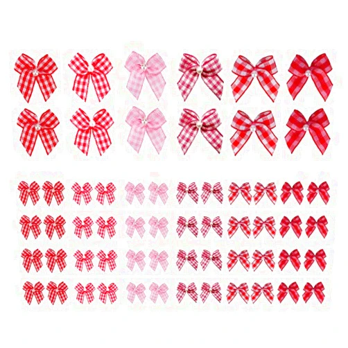 Meseey 60pcs Mini Red/Pink Buffalo Plaid Ribbon Bows with Pearl Flowers Appliques DIY Craft for Sewing, Scrapbooking, Wedding, Gift,Christmas Decoration (Red Pink Plaid)