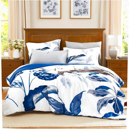 WRENSONGE Queen Comforter Set, 7 Pieces Blue Floral Comforter Set with Sheets for Queen Size Bed, Leaf Pattern Queen Bedding Set, Soft Lightweight Breathable Microfiber Bed in a Bag for All Seasons