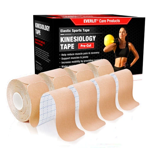 EVERLIT [4-Pack] Pre-Cut Elastic Cotton Kinesiology Therapeutic Athletic Sports Tape, for Pain Relief and Support, 80 Precut 10” Strips (Beige)