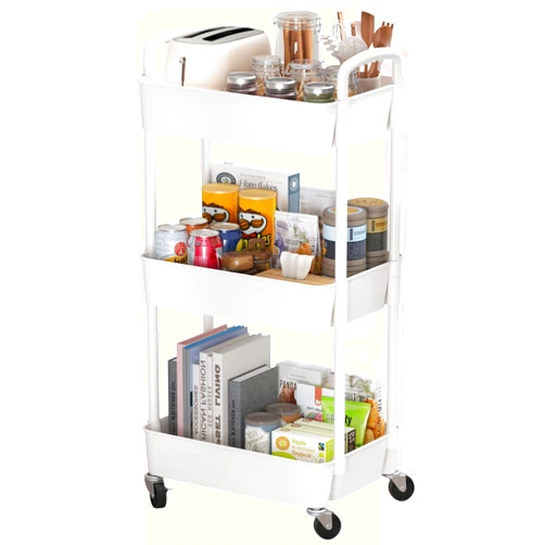 Sywhitta 3-Tier Plastic Rolling Utility Cart with Handle, Multi-Functional Storage Trolley for Office, Living Room, Kitchen, Movable Storage Organizer with Wheels, White