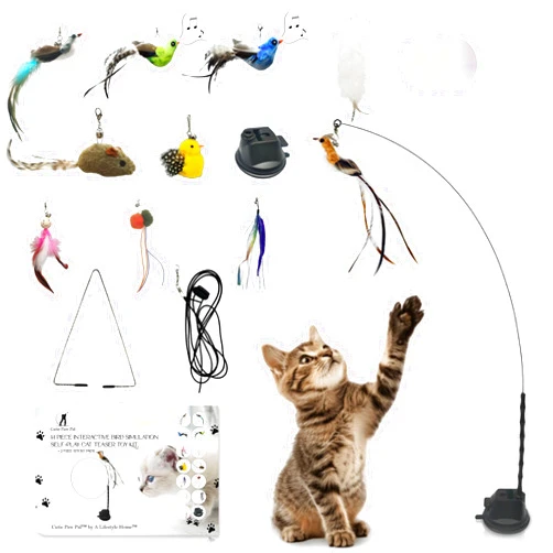 CUTIE PAW PAL Interactive Bird Simulation Cat Feather Toy Set - Suction Cup Cat Toys for Indoor Cats, Natural Feathers, Bells & Easy Clip-On, Perfect for Indoor Cats - 2 Free Pads, Suctions to Ground