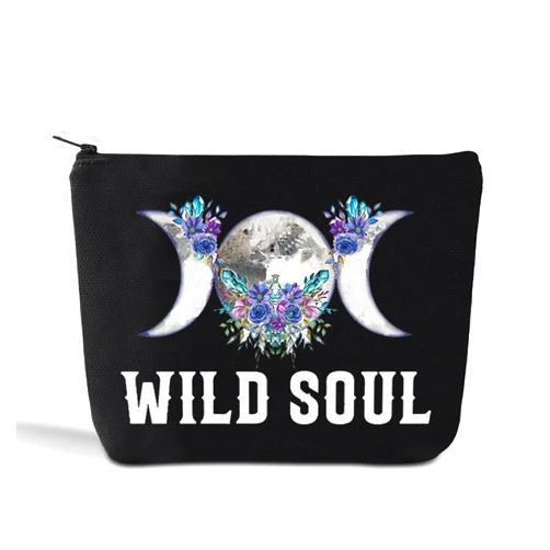 LEVLO Moon Phase Cosmetic Make Up Bag Moon Witch Gift Wild Soul Makeup Zipper Pouch Bag (Wild Soul Black)