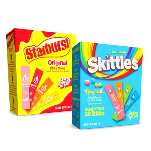 SINGLES TO GO! Skittles & Starburst Singles To Go Tropical & Starburst Flavors Variety Pack, Watertok Powdered Drink Mix, Zero Sugar, Low Calorie, Includes 4 Tropical & 4 Starburst Flavors, (60 Single Servings)