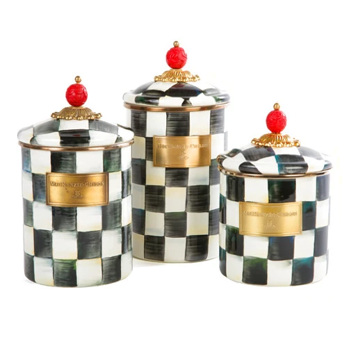 MACKENZIE-CHILDS Enamel Canister Set, Small (38 oz.), Medium (48 oz.), and Large (64 oz.) Kitchen Containers, Black-and-White Courtly Check