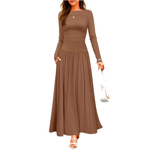 ZESICA Women's Long Sleeve Maxi Dress 2024 Fall Crewneck Knit Casual Slim Swing Pleated Dresses with Pockets