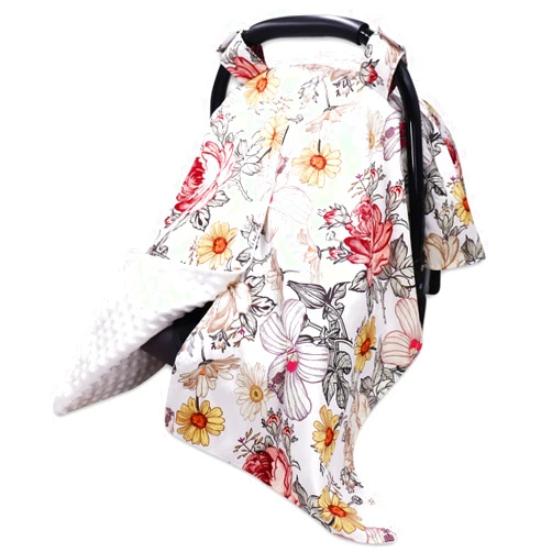 HNHUAMING Floral Baby Car Seat Canopy Soft Plush Dotted Backing Baby Car Seat Cover Girls, Infant Carseat Canopy, Stretchy Multi- use Nursing Cover for Stroller/High Chair/Shopping Cart/Car Seat Canopies