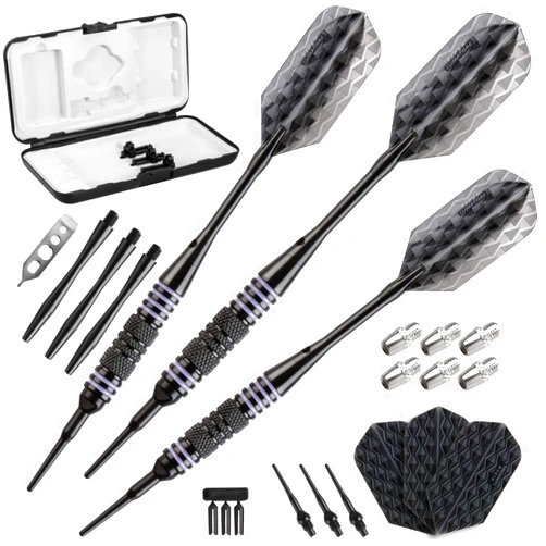 Viper by GLD Products Viper Bobcat Adjustable Weight Soft Tip Darts with Storage/Travel Case Black Coated Brass with Purple Rings 16 Grams (Adjustable to 18 and 19 Grams)