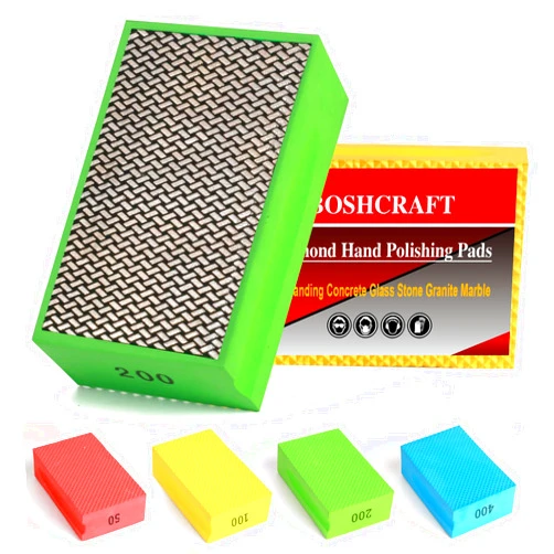 BOSHCRAFT Diamond Hand Polishing Pads, Sanding Block Foam Backing for Tile Marble Glass Stone Granite Ceramics Polishing 50/100/200/400 Bs Wet or Dry Diamond Sanding Pads 4Pack