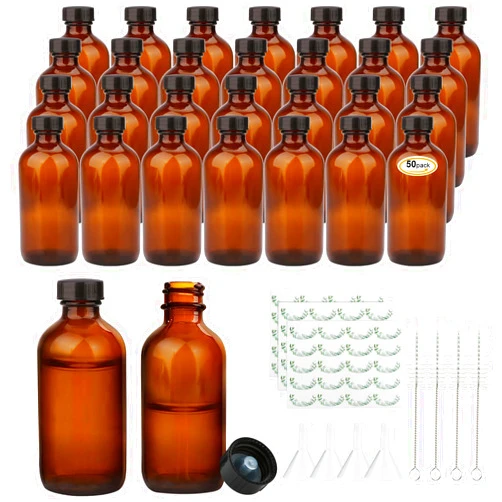 Maredash 4oz Amber Glass Bottles, Boston Round Glass Bottles (50 Pack) with Leak-proof Caps, Refillable Container for Homemade Vanilla Extract, Essential Oils, Herbal Medicine and More