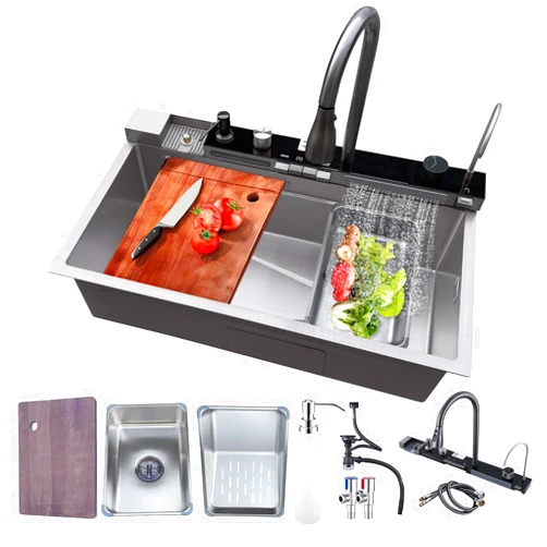 DuyviSteil T304 Stainless Steel Waterfall Kitchen Sink Single Bowl Digital Display Handmade Sink, Kitchen Sinks Workstation with Pull Down Sprayhead Faucet and Multiple Accessories (31.5 x 18.1 inch)
