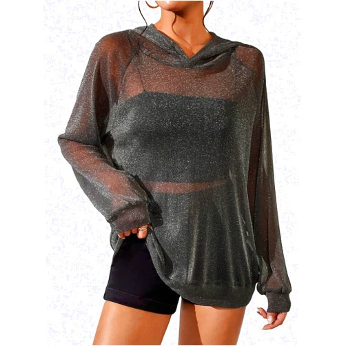 WDIRARA Women's Glitter Sheer Mesh See Through Long Sleeve Pullovers Oversized Shirts Hoodie Sweatshirts
