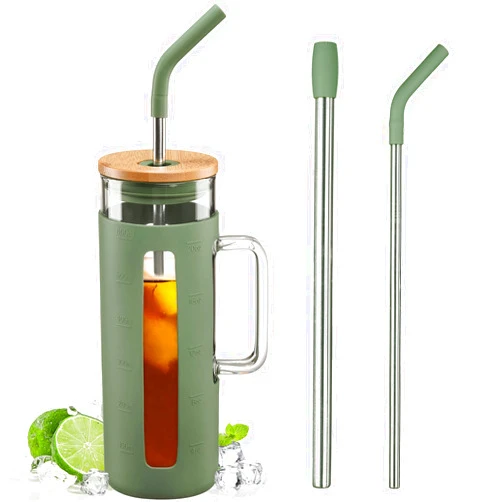Kodrine Tumbler with Lid and Straw, 20 oz Glass Coffee Tumbler with Handle, Smoothie Cup with Bamboo Lid | Time Marker | Silicone Protective Sleeve, BPA Free - Olive