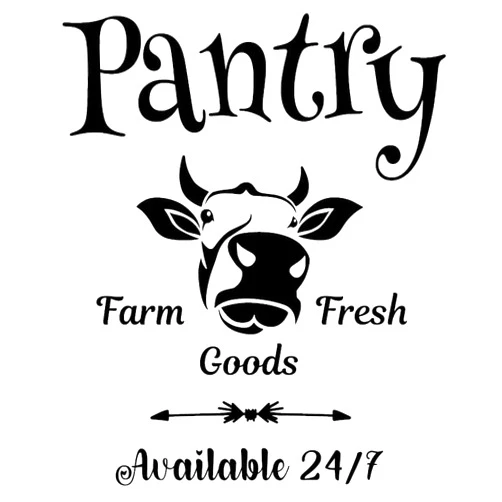 Imagnt Studio Pantry Farm Fresh Goods 24/7 Cow Vinyl Decal/Sticker/Mural - Pantry Door Decal - Pantry Sign - Vinyl Wall Art Decal - Kitchen Door Décor (Black, 15x18 inches)