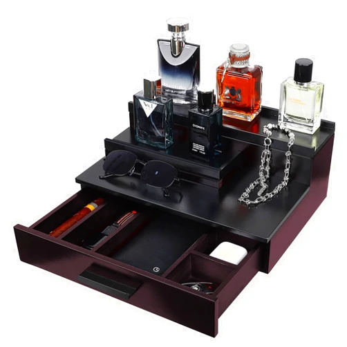 ONUEMP Wooden Cologne Organizer for Men, Perfume Organizer for Dresser, Cologne Stand with Hidden Storage and Drawer, Cologne Holder Tray Shelf, Fragrance Organizer Display Stand Rack, Gifts for Men