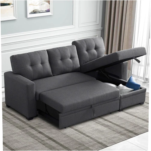 Wakefit Reversible Sectional Sofa Couch, Sleeper Sofa Bed with Storage Chaise Pull Out Couch Bed for Living Room | Hidden Stroge | Pull Out Bed | Removable Backrest | Linen Fabric, Dark Grey
