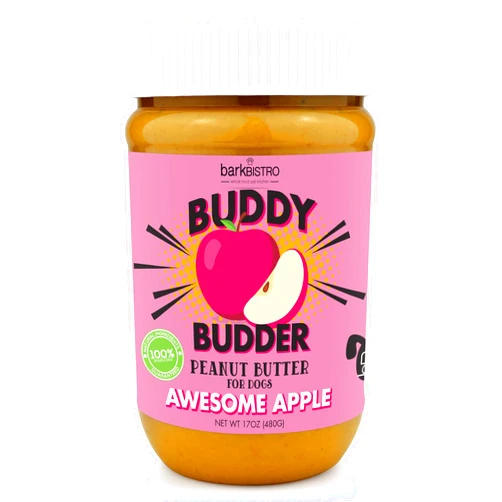 BUDDY BUDDER Bark Bistro Company, Awesome Apple, 100% Natural Dog Peanut Butter, Healthy Peanut Butter Dog Treats, Stuff in Toy, Pill Pocket for Dogs, Made in USA, (17oz Jars)