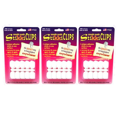 FPC StikkiCLIPS Adhesive Clips, White, 30 Per Pack, 3 Packs