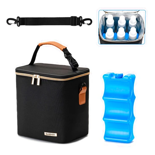 BABEYER Breastmilk Cooler Bag with Ice Pack Fits 6 Baby Bottles Up to 9 Ounce, Baby Bottle Bag with Shoulder Strap for Nursing Mom Daycare, Black