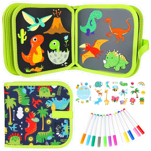 Qrytoi Erasable Book Doodle Set for Kids,Magic Drawing Book for Kids,Reusable Drawing Book 12 Watercolor Pens 14 Page Drawing,Road Trip Car Game Writing Painting Set for Boys and Girls (Green)