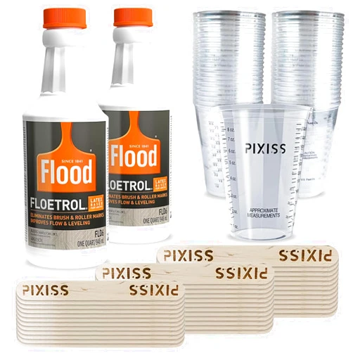 GRAS Art Bundles 2-Pack Floetrol for Acrylic Paint Pouring Medium Additive and Paint Pouring Supplies, 40 Disposable Paint Mixing Cups, 40x Pixiss Wood Paint Mixing Sticks