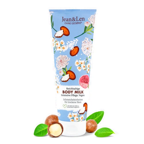 Jean & Len Rich Body Milk with shea butter, for dry skin, intensively nourishes dry skin & is kind to the skin, without parabens silicones, mineral oil & microplastics, vegan, 8.45 Fl. Oz.