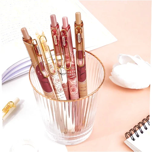 Jisomin Quick Dry Ink Pens, Kawaii Ballpoint pens, Retractable Gel Pen, 0.5mm Fine Point Black Ink Smooth Writing for School Office Home, Pack of 4pcs (Rose)
