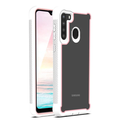 TJS Compatible with Samsung Galaxy A21 Case, Dual Layer Heavy Duty Shockproof Rugged Hybrid Hard Phone Case Drop Protector Back Cover (White/Pink)