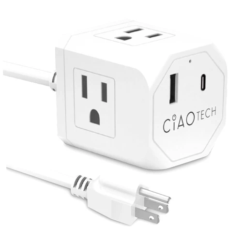 CIAO TECH Extension Cord - Portable and Compact Extension Cord with Multiple Outlets - Multipurpose Extension Cord 6 Feet with 3 Outlet Extender, 3A Fast Charging 1 USB-A & 1 USB-C Ports (White)