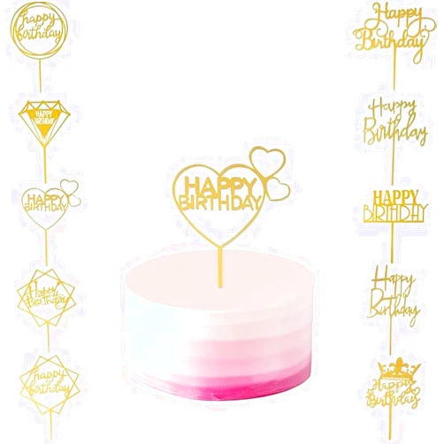 HTMZ 10 PCS Happy Birthday Cake Toppers-Gold Cake Topper Acrylic Cake Decorations for Children or Adults