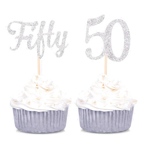 Giuffi 24 Counts Silver Glitter Fifty and Number 50 Age Cupcake Toppers 50th Birthday Celebrating Party Decorations