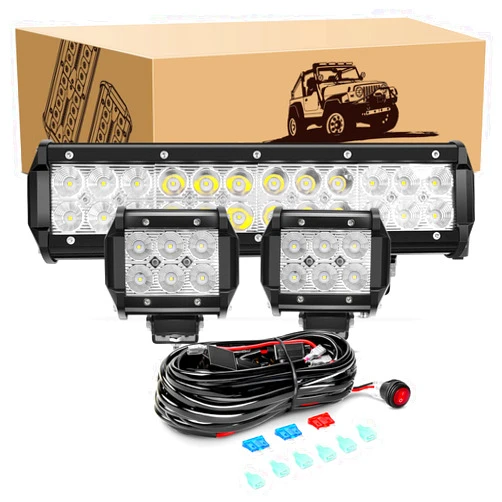 GOOACC 12Inch 72W Led Light Bar 2PCS 4 Inch 18W LED Pods Led Driving Fog Lights with 16AWG Off Road Wiring Harness-3 Leads for Truck Golf Cart SUV ATV UTV Boat, 2 Years Warranty