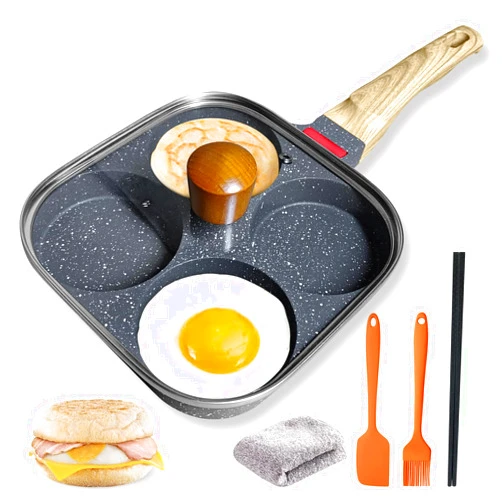 Ywmoml 4‑Cup Nonstick Egg Pan Set with Lid – Aluminum Omelette Skillet for Breakfast, Includes Silicone Scraper, Oil Brush, Chopsticks & Cleaning Cloth – Compatible with Gas & Induction Cooktops (Black)