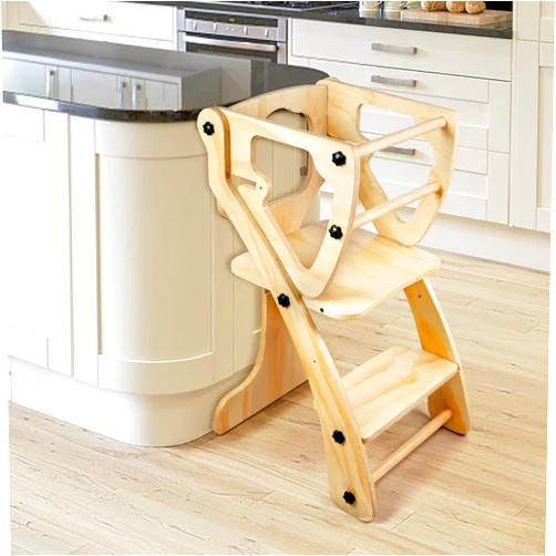 Derson 2 in 1 Toddler Kitchen Step Stool, Kids Standing Learning Tower, Wooden Child Kitchen Stool Helper Adjustable Height with Safety Rails