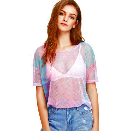 MakeMeChic Women's Summer Short Sleeve Tops See Through Mesh Sheer Sexy T Shirt Blouse