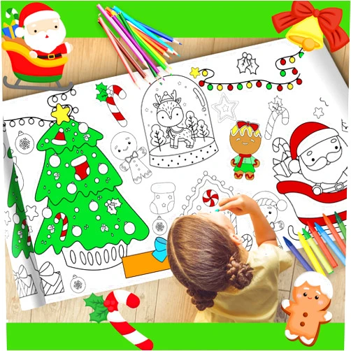EnjoyMyDesign Christmas Coloring Paper Roll for Kids, Fun Activity for Children's DIY Painting, Large Coloring Tablecloth for Kids DIY Christmas Party