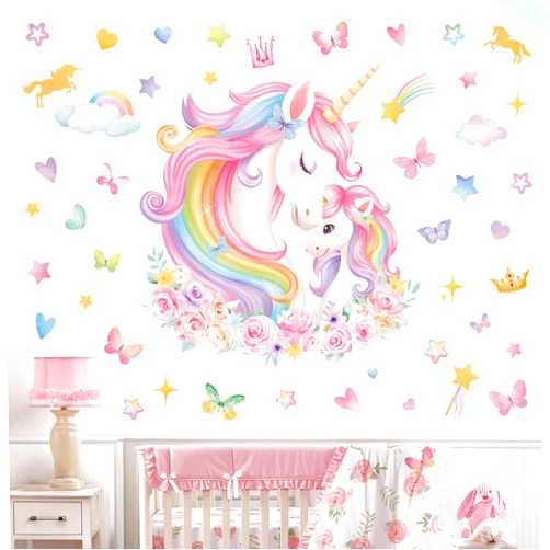 wondever Large Unicorn Wall Stickers Rainbow Baby Unicorn Butterfly Stars Peel and Stick Wall Art Decals for Baby Girls Nursery Kids Bedroom