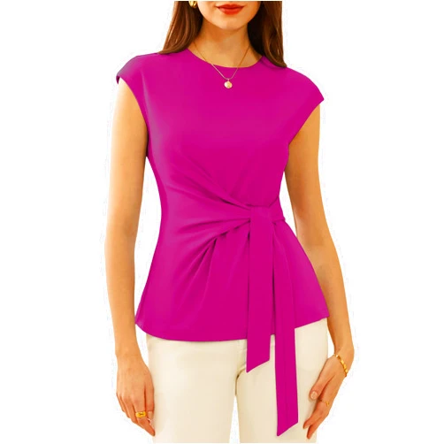 GRACE KARIN Womens Cap Sleeve Tops Summer Tie Waist Crew Neck Elegant Blouse Dressy Casual Solid Color Shirts