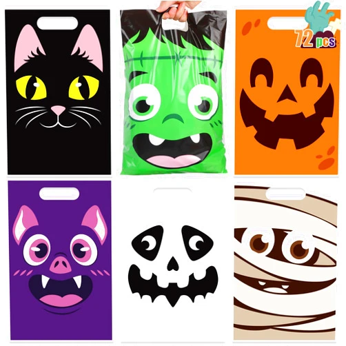CCINEE 72 Pcs Halloween Goodie Candy Bags Large Trick-or-Treat Bags with Handle Plastic Gift Bag Party Favor Supplies for Halloween Party Favor