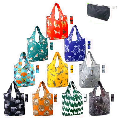 BeeGreen Gifts for Animal Lovers Women Animal Reusable Shopping Bags Grocery Totes 10 Pack with Zipper Carry Pouch Cute Shopper Bags XLarge Machine Washable Durable Bags