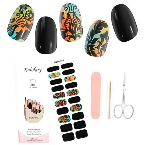 Kalolary Black Flower Gel Nail Polish Stickers, Kalolary Full Wrap Gel Nail Art Strips Stickers Decal with Nail File, Stick and Scissors